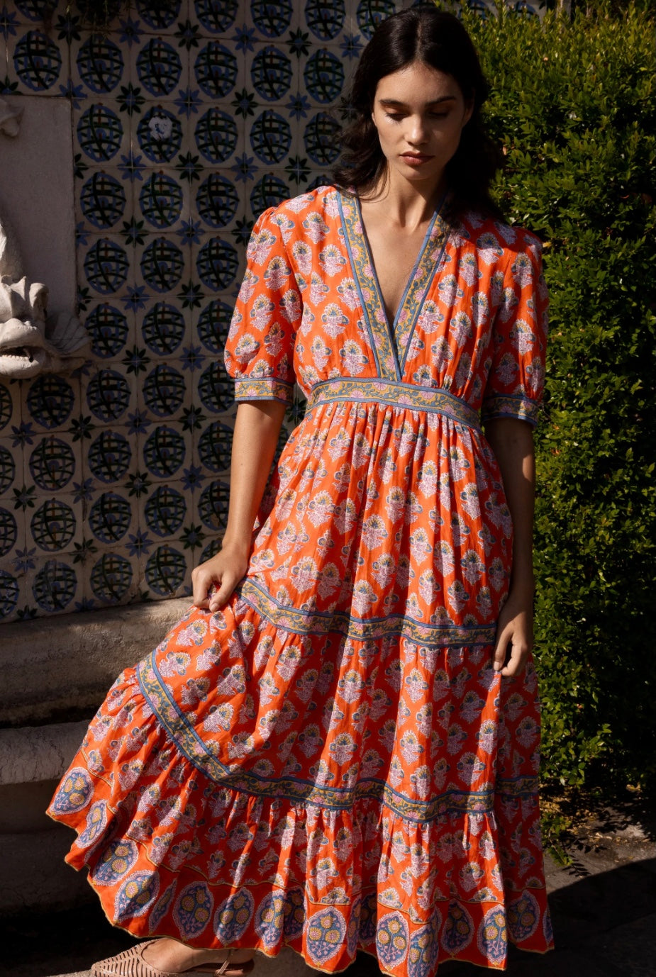 V neck Cuffed Maxi in Patna Red