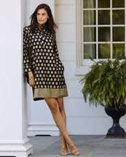 Helen Dress in Foulard Border Navy Gold by Jude Connally