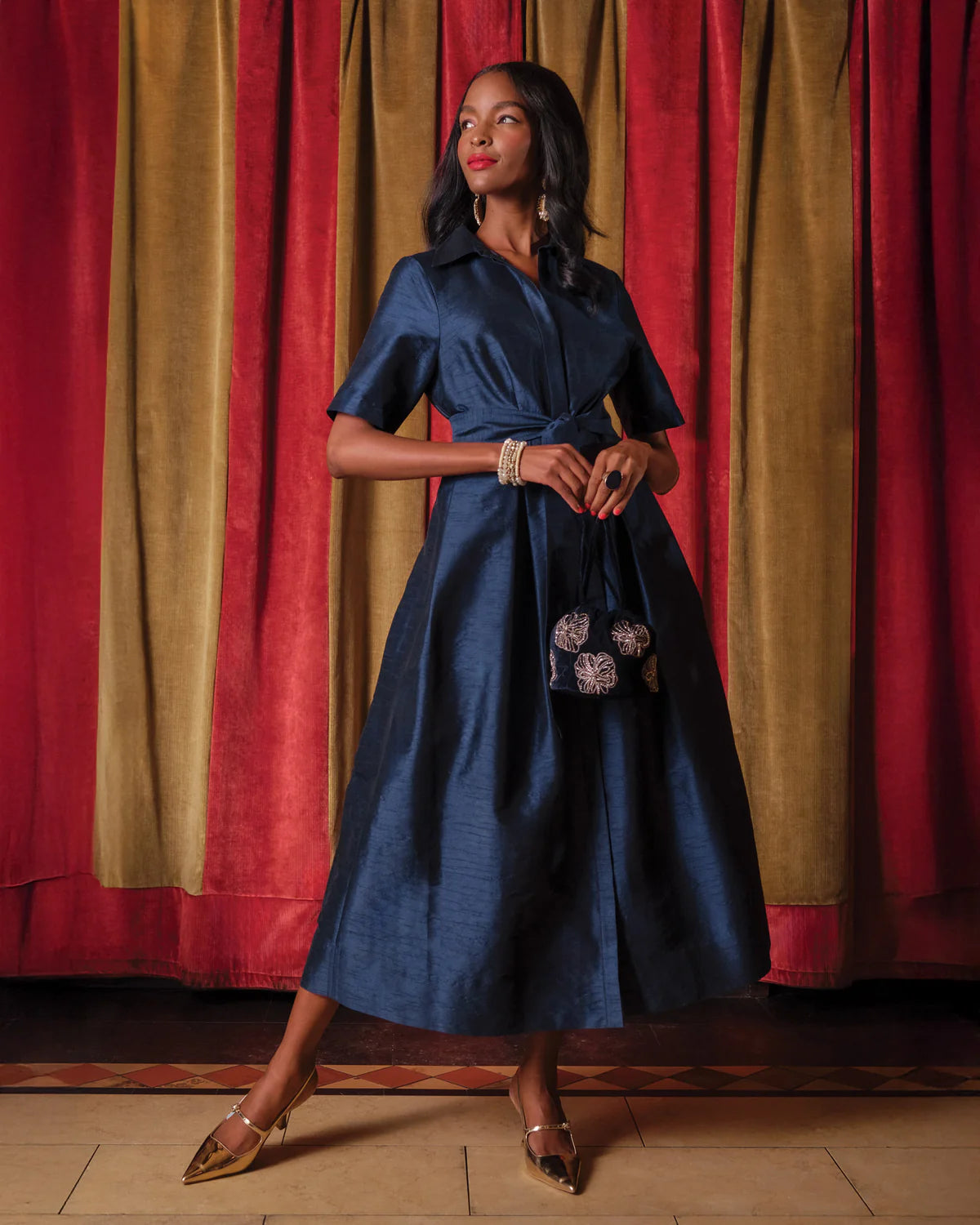 Bella Maxi Dress Poly Dupion in Navy by Frances Valentine