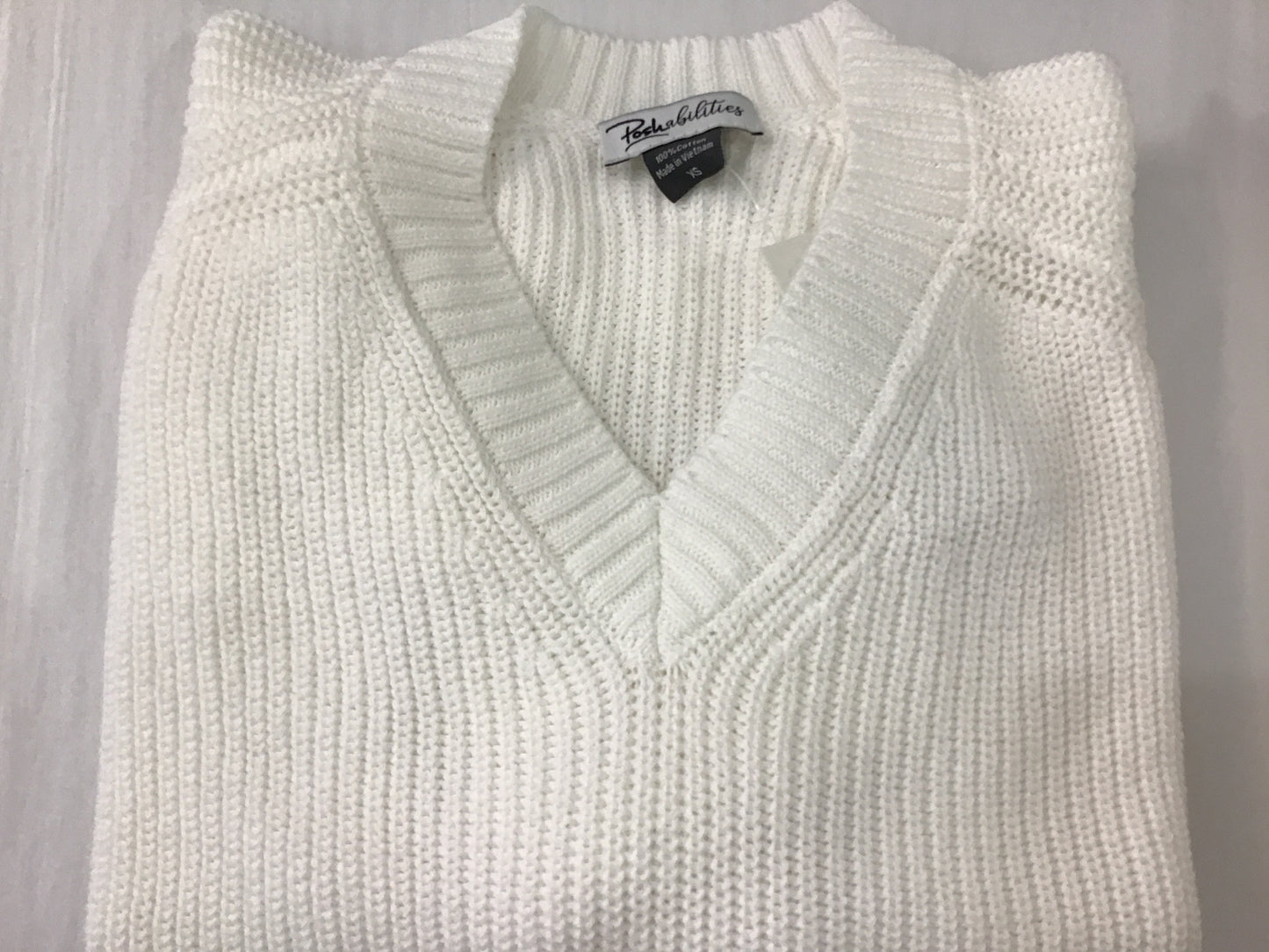 V Neck Shaker Sweater in White by Poshabilities