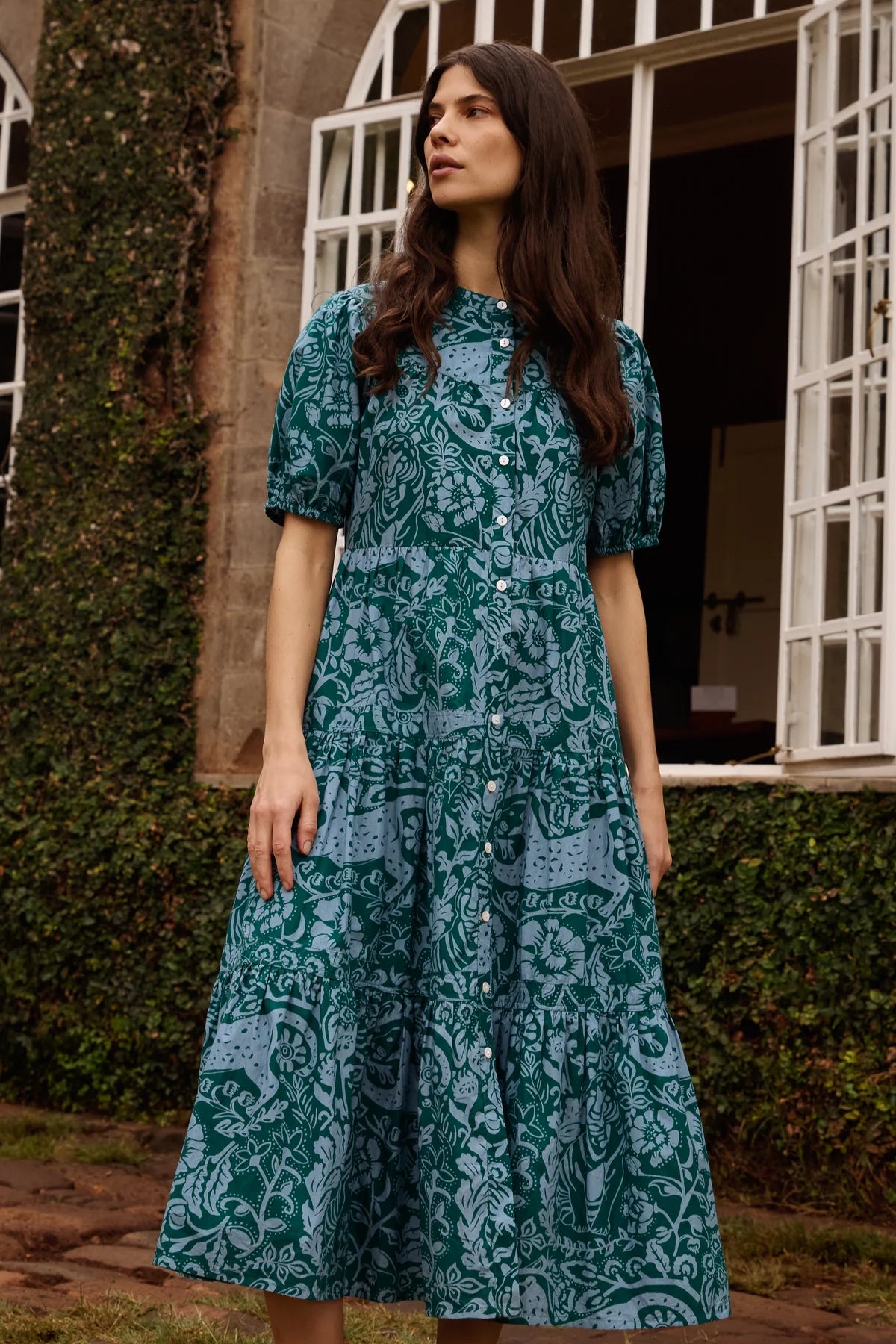 Scoop Tiered Midi Dress in Singita Green by Oliphant