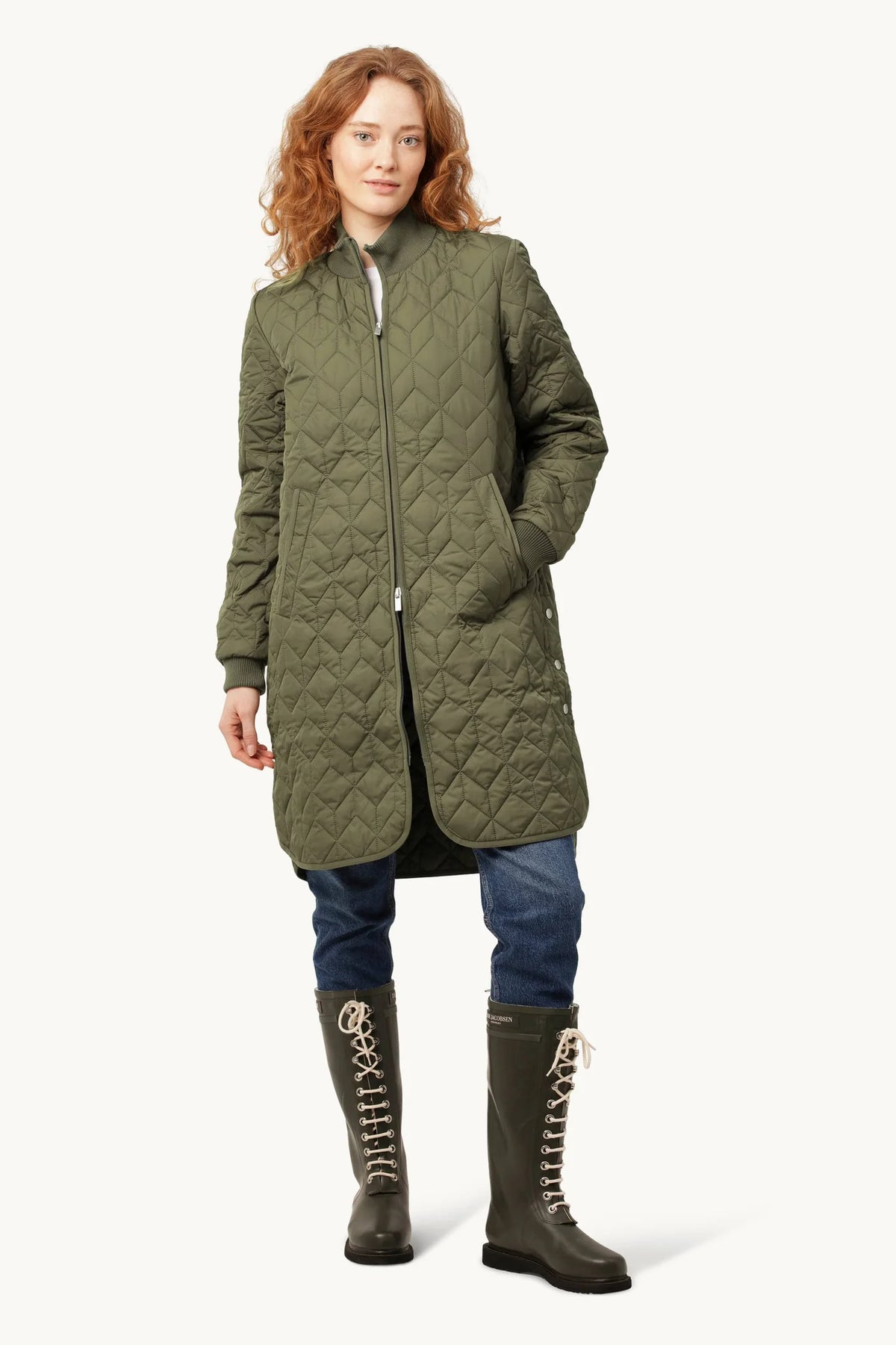 Quilted Long Jacket in Green by Ilse Jacobsen