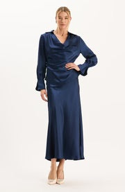 Edie Charmeuse Skirt in Mid Navy by Tyler Boe