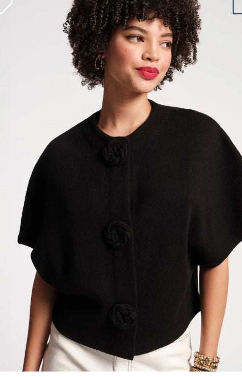 Camegie Shrug Solid Sweater with Floral Button by Frances Valentine