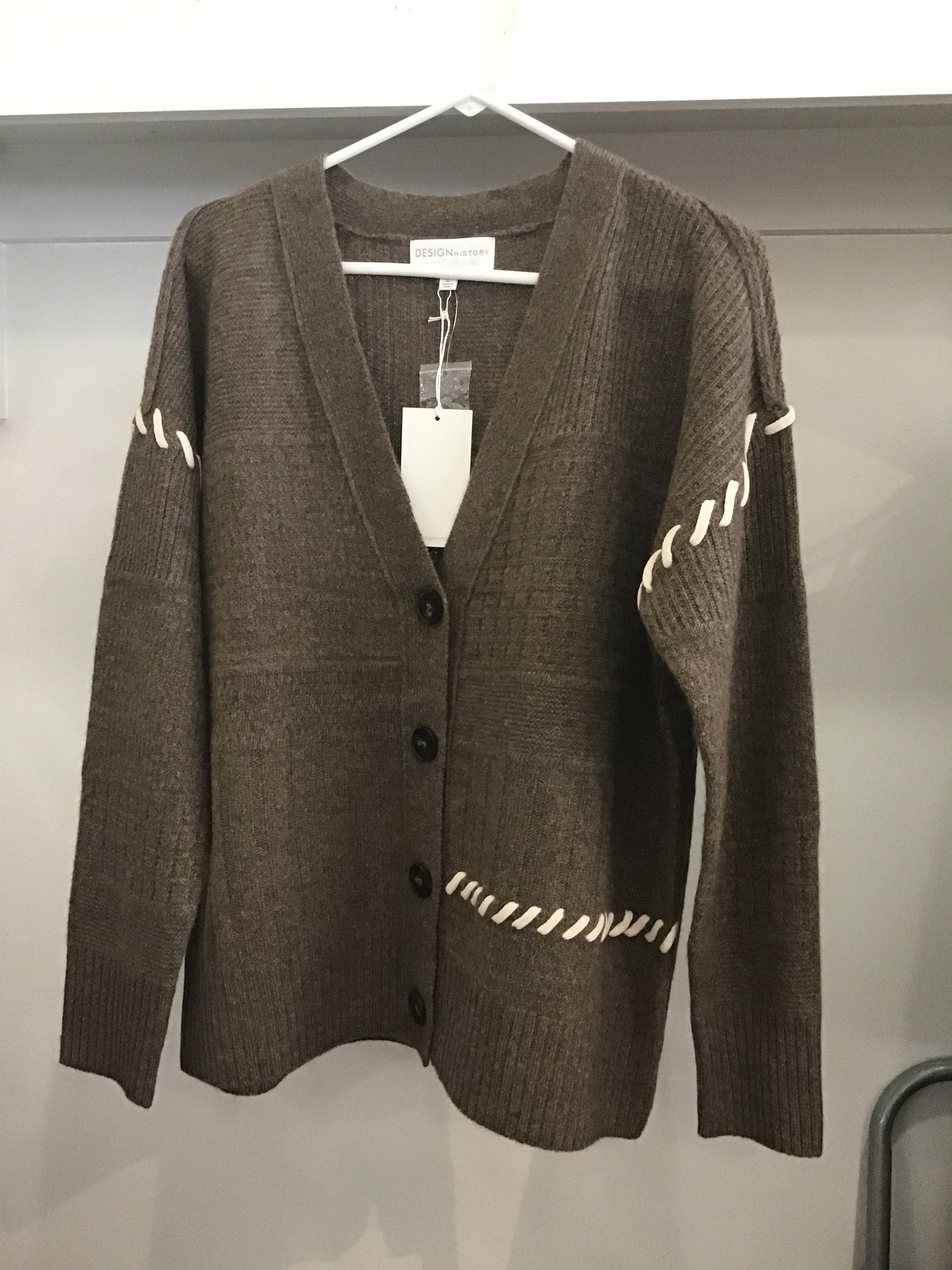 Pure Cashmere Cardigan in Brown with Cream Piping by Design History