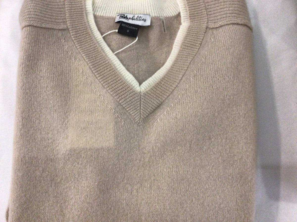 Double Collar V Neck Cashmere Sweater in Sand by Poshabilities