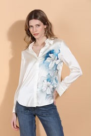 Lily Print Button Down Silk Blouse in Ivory/Blue