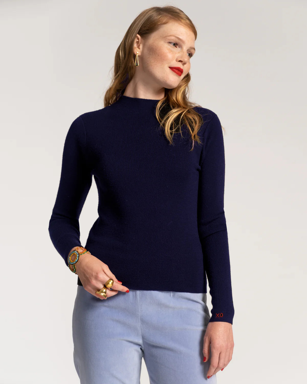 Marie Sweater with Long Sleeve Solid Cotton in Navy by Frances Valentine