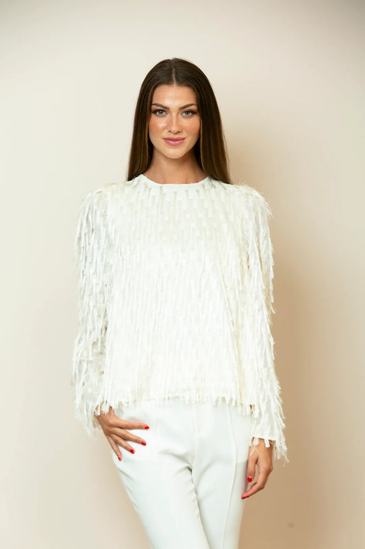 Long Sleeve Fringe Blouse in Ivory by Jessie Liu