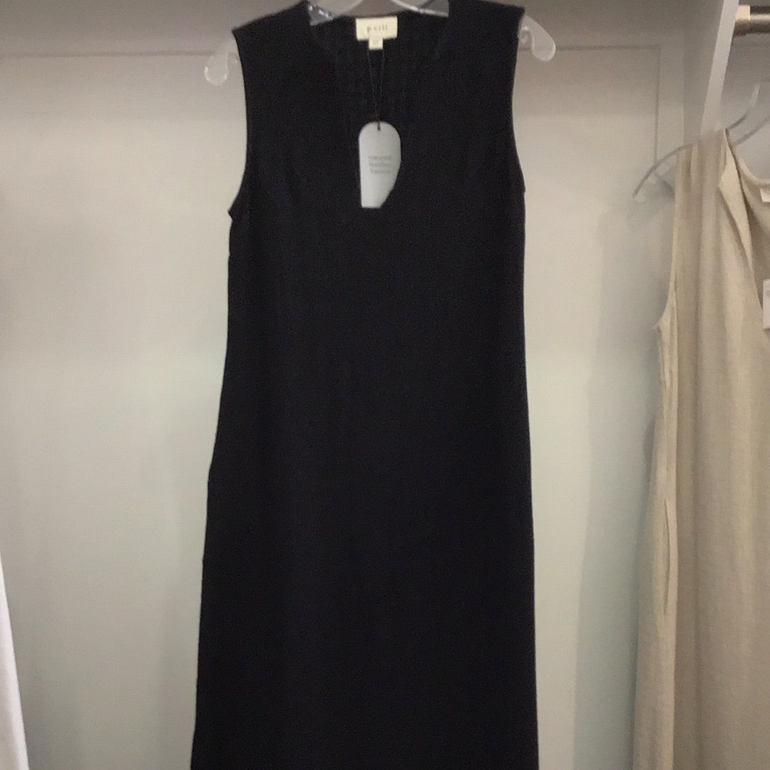 Linen V Neck Sleeveless Maxi Dress with Side Slits in Black by P Cill