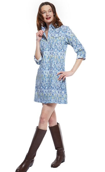 Sag Harbor Dress in Blue Kilim Print by Dizzy Lizzie