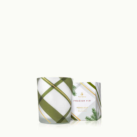 Frasier Fir Frosted Plaid Votive Candle by Thymes, 2 oz