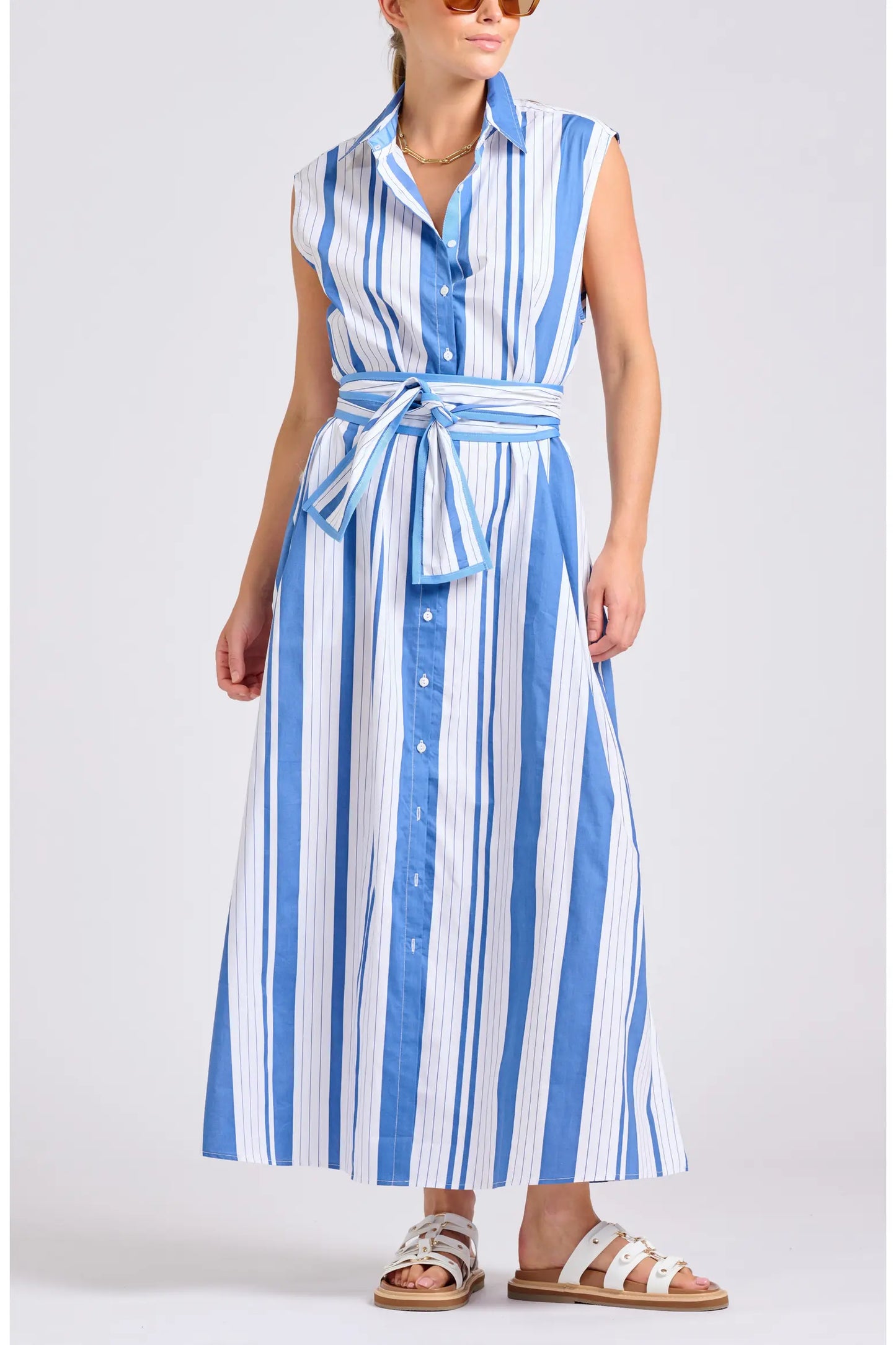 Sabine Longline Sleeveless Shirt Dress in Azure Retro Stripe by Shirty Australia