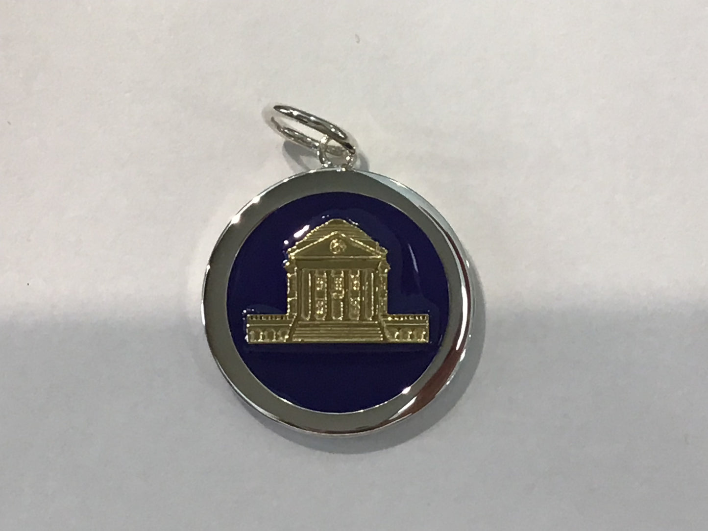 The Rotunda at UVA Charm with Gold Rotunda on Navy Background and Silver Outer Circle