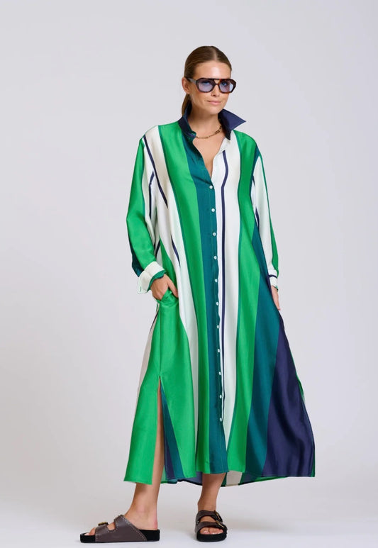 Luxe Luna Longline Shirtdress in Navy and Green Bold Stripe by Shirty