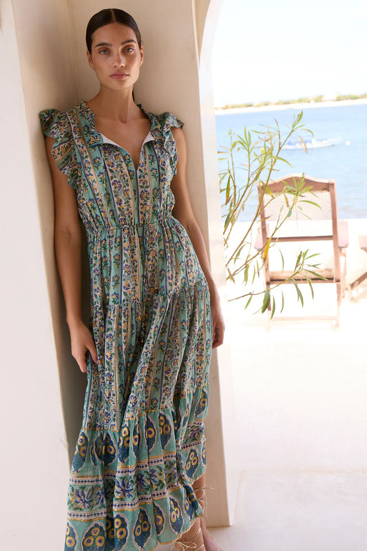 Cinched Flirty MIDI Taj Aqua Dress by Oliphant
