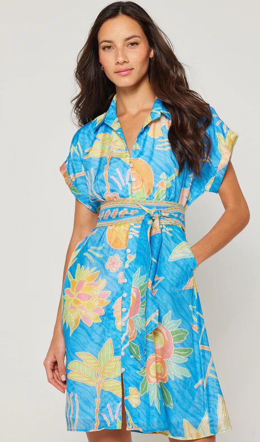 Roxy Shirt Dress in Blue Bahama Print by Bella Tu'