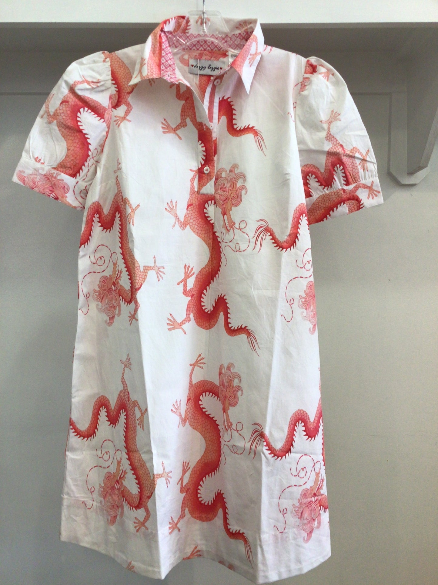 Left Bank Puff Sleeve Cotton Dress in Coral White Dragon Print by Dizzy Lizzie