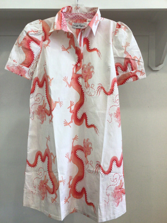 Left Bank Puff Sleeve Cotton Dress in Coral White Dragon Print by Dizzy Lizzie