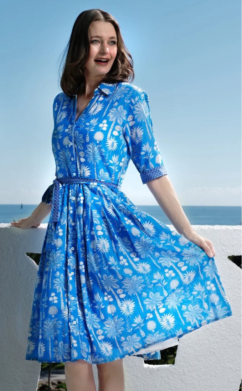 Mrs Maisel Dress in Blue Voile Botanical Print by Dizzy Lizzie