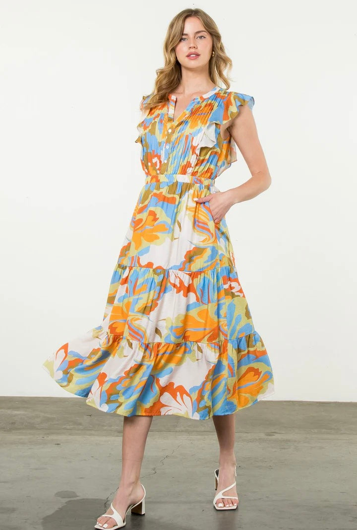 Flutter Sleeve Tiered Multi Color Dress by THML