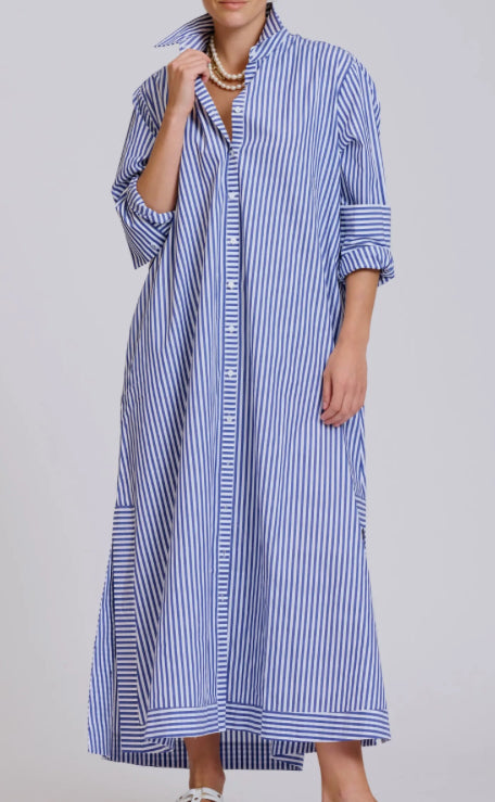 Sybil Longline Shirtdress in Navy Stripe by Shirty