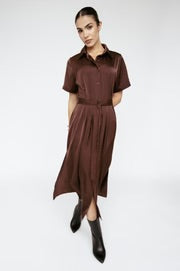 Satin Shirt Dress in Mahogany by Amanda Maria