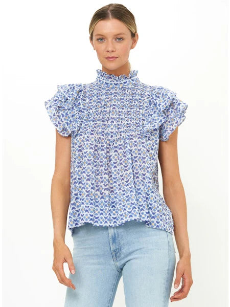 Pintuck Ruffle Top in Veranda Blue by Oliphant