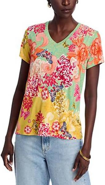 Janie Favorite Short Sleeve V-Neck Tee in Charlie Print Floral by Johnny Was
