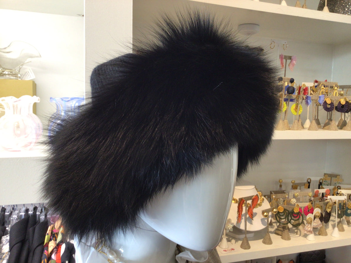 Black Knit Wool Hat with Fox Fur Trim by Mitchie’s Matchings