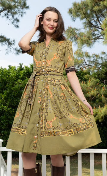 Green Belt Print Mrs. Maisel Dress by Dizzy Lizzie