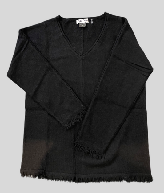 V Neck Cashmere Sweater with Center Seam and Fringe in Black  by Poshabilities