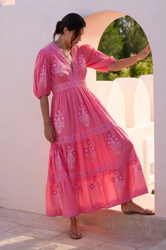 V-NeckCuffed Raton Pink Maxi Dress by Oliphant