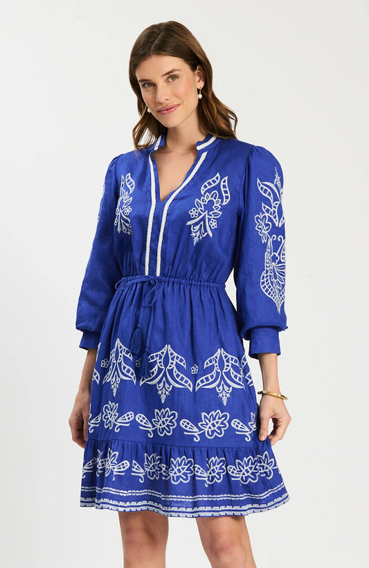 Rona Linen Embroidered Dress in Bluing by Tyler Boe