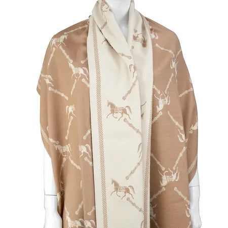 Beige Wide Woven Horse Scarf With Fox PomPoms by Mitchie’s