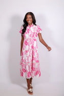 Puff Sleeve Tie Waist MIDI in Pink Leaf Print by Sail to Sable