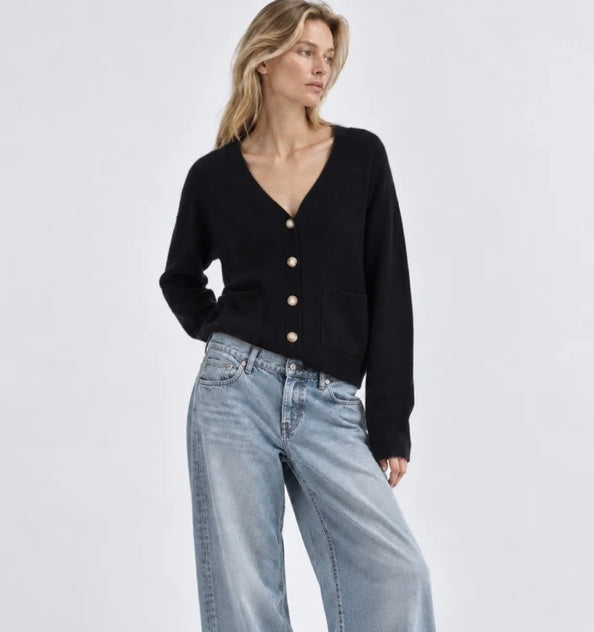 Cashmere V Neck Cardigan in Black by Minnie Rose