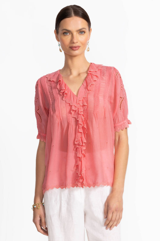 Annette Ruffle Blouse in Salmon Rose by Johnny Was