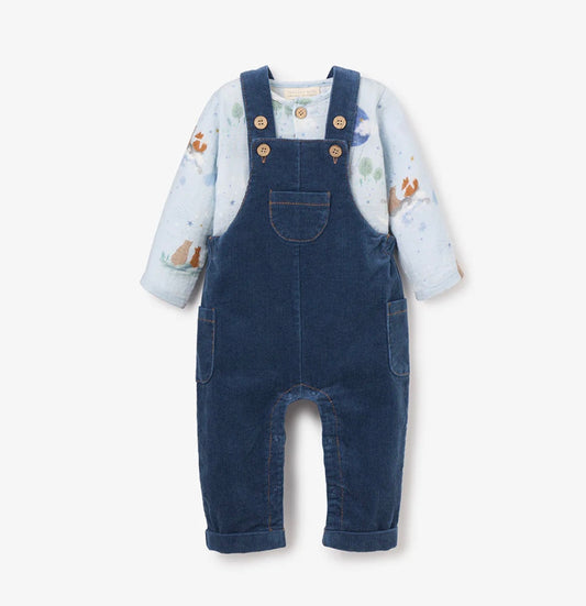 Magical Adventure Organic Muslin Top and Corduroy Overalls in Slate Blue by Elegant Baby