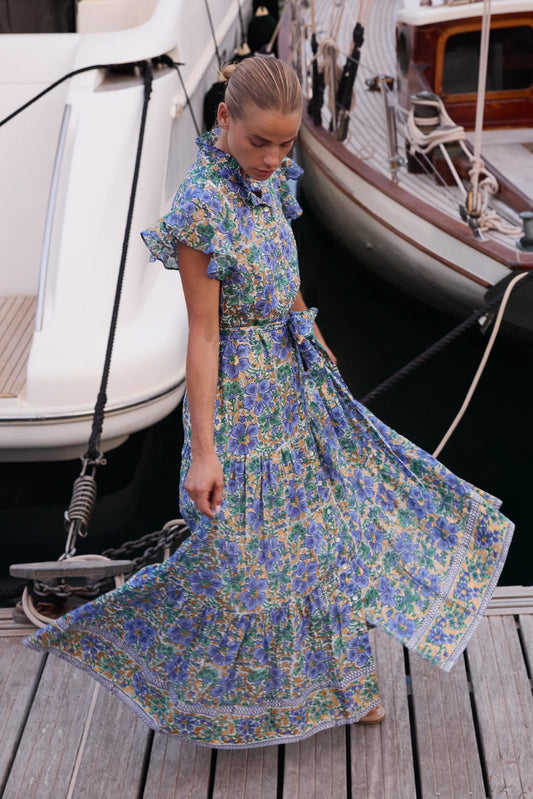 Ruffle Collar Button Maxi in Matera Blue by Oliphant