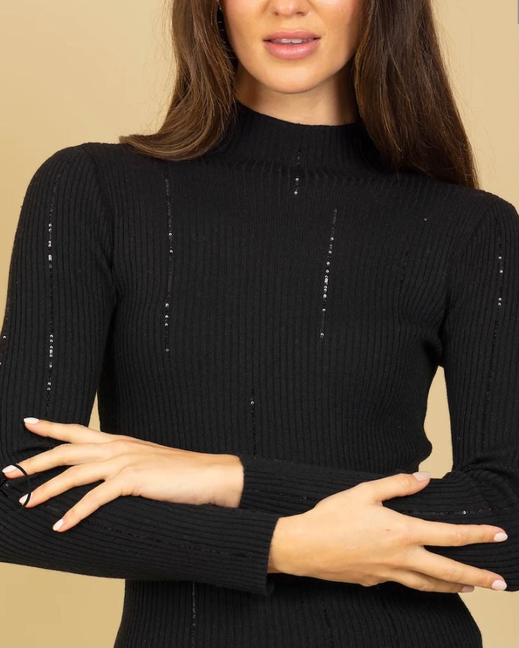 Merino Wool Lightweight Mock Neck Ribbed Top with Sequin Detail in Black by Jessie Liu