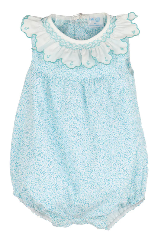 Girls Turquoise Blue Mini Floral Print Bubble - Smocked Ruffle Collar by Maria Casero
