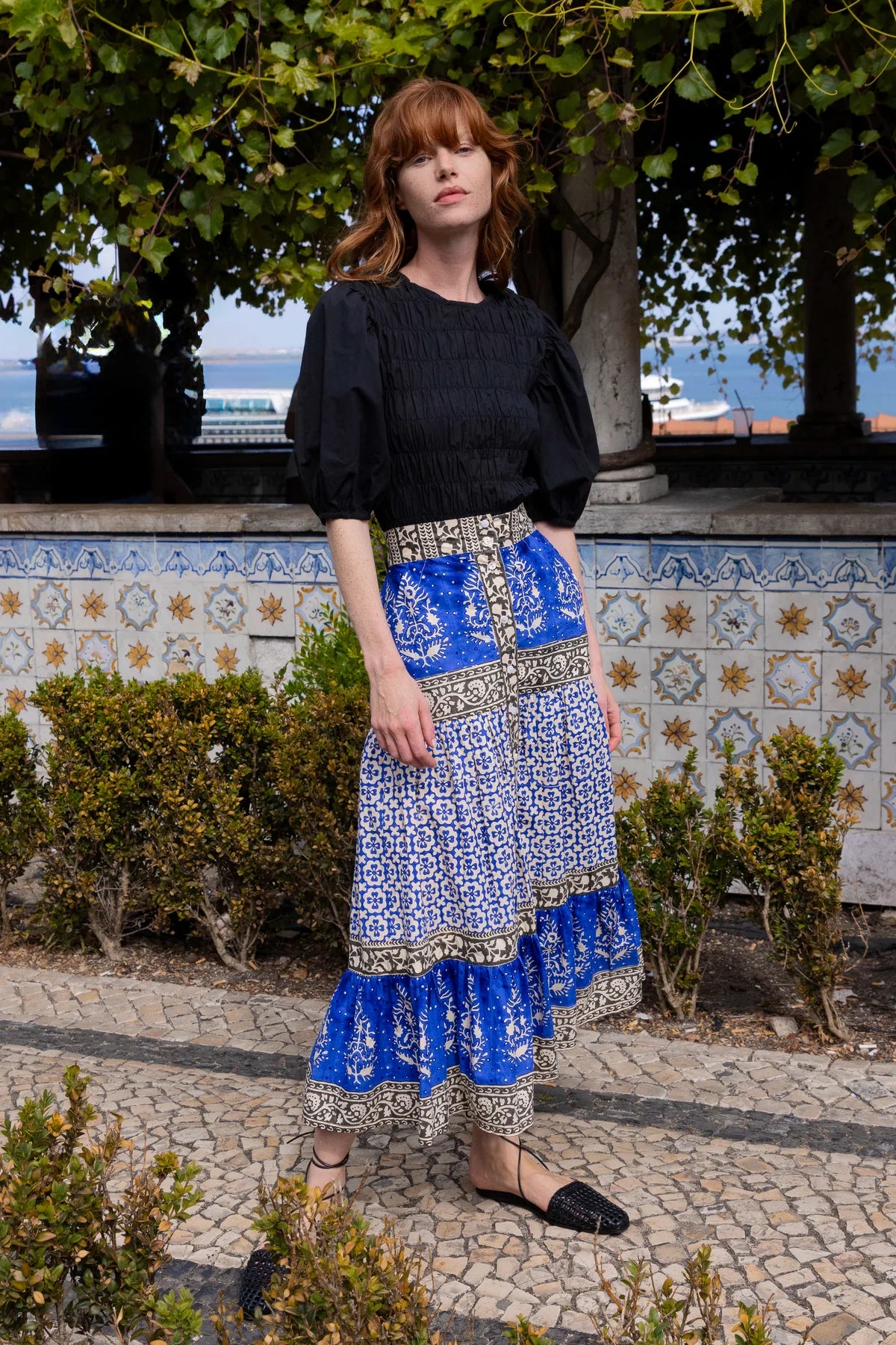 Button Front Skirt in Jaisalmer Cobalt by Oliphant