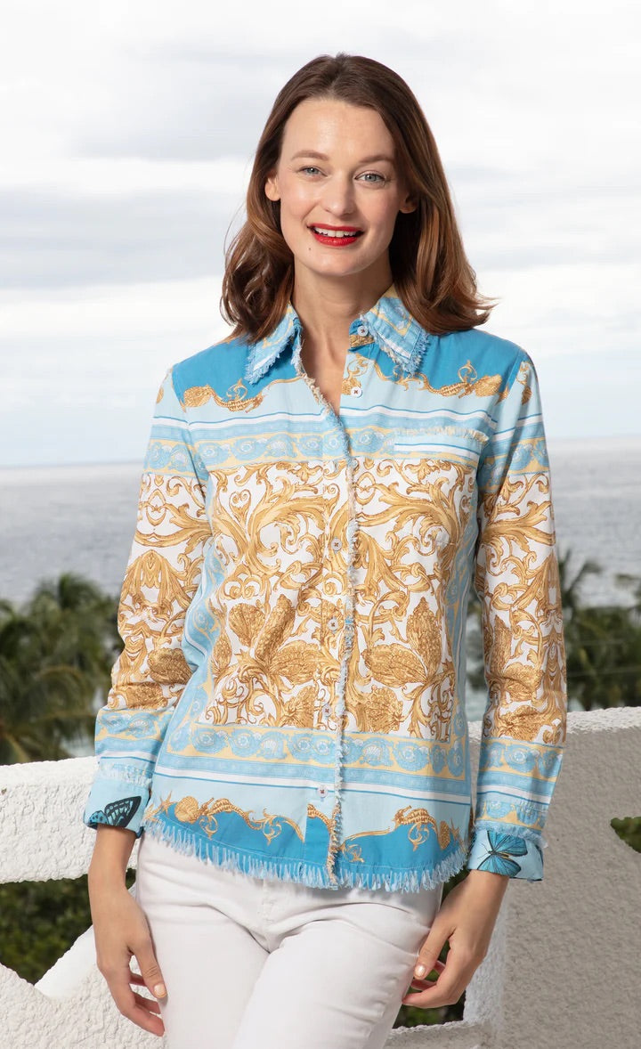 Cape Cod Top in Blue/Gold Scroll Print by Dizzy Lizzie