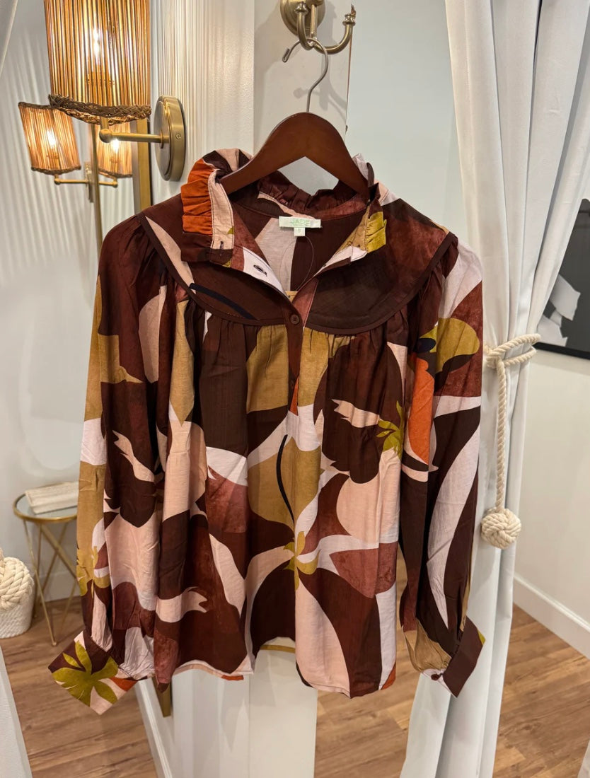 Stand Collar Trim Blouse in Harvest Rhythm by Jade