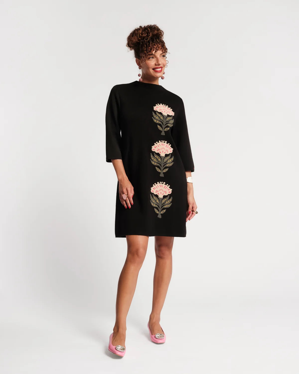 Annie Dress Heirloom Floral Merino Wool Blend Dress in Black by Frances Valentine