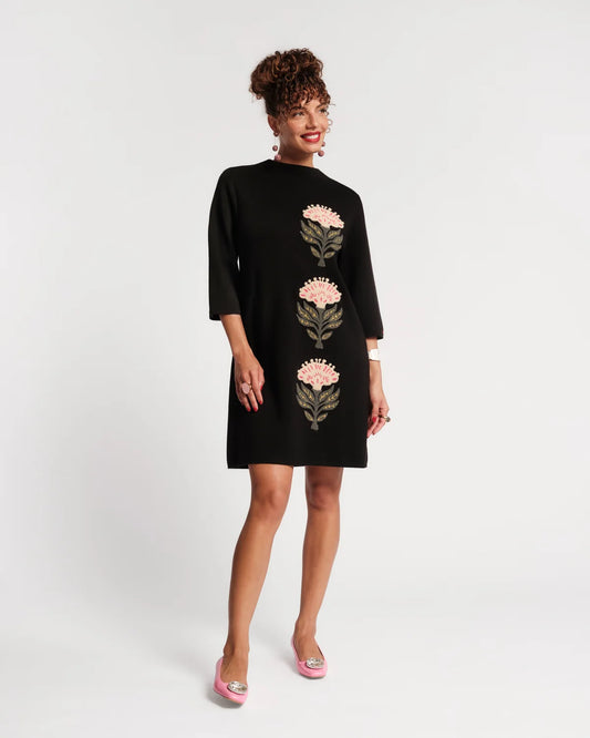 Annie Dress Heirloom Floral Merino Wool Blend Dress in Black by Frances Valentine