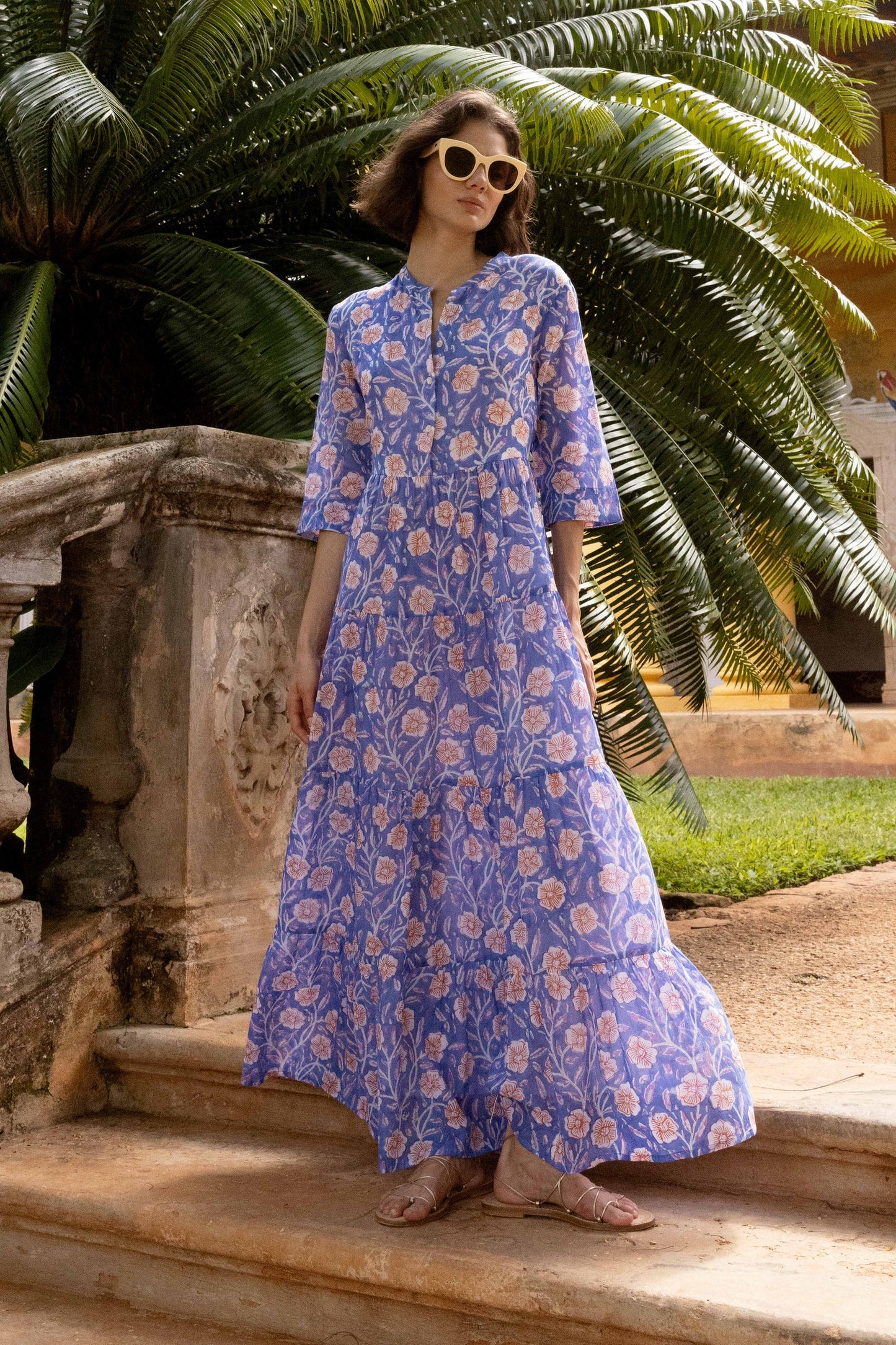 Button Neck 3/4 Sleeve Maxi Dress - Amalfi Peri