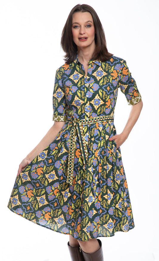 Mrs. Maisel Dress in Green Rust Ornate Print by Dizzy Lizzie