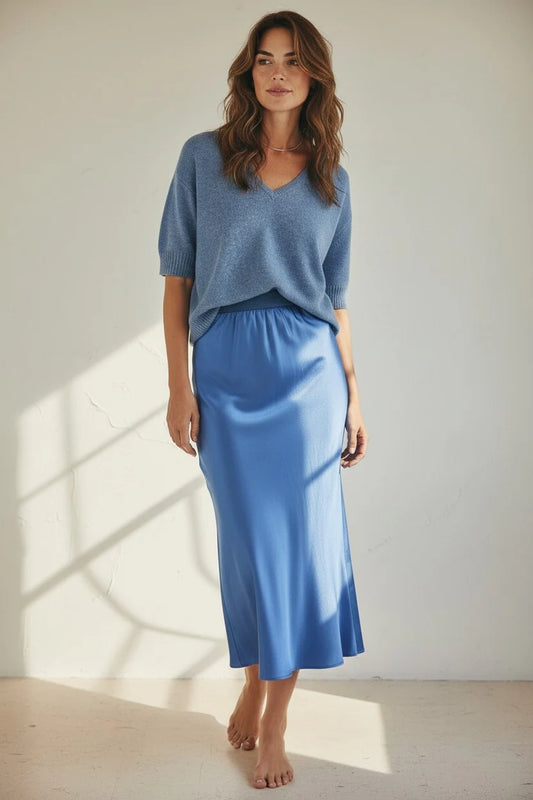 Satin Midi Skirt in Blue Sky by Rose and Crown
